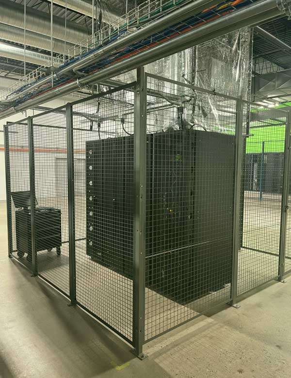server cabinet and equipment in cage