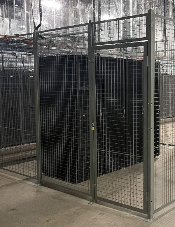 Four 48U server cabinets locked in a cage