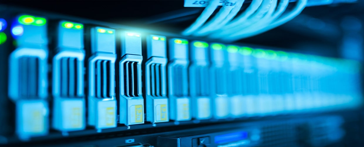 A row of hard drives in a server.