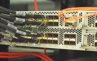 Close-up of network cables connected to a server.