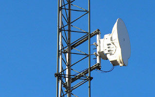 Satellite dish mounted on a communication tower.